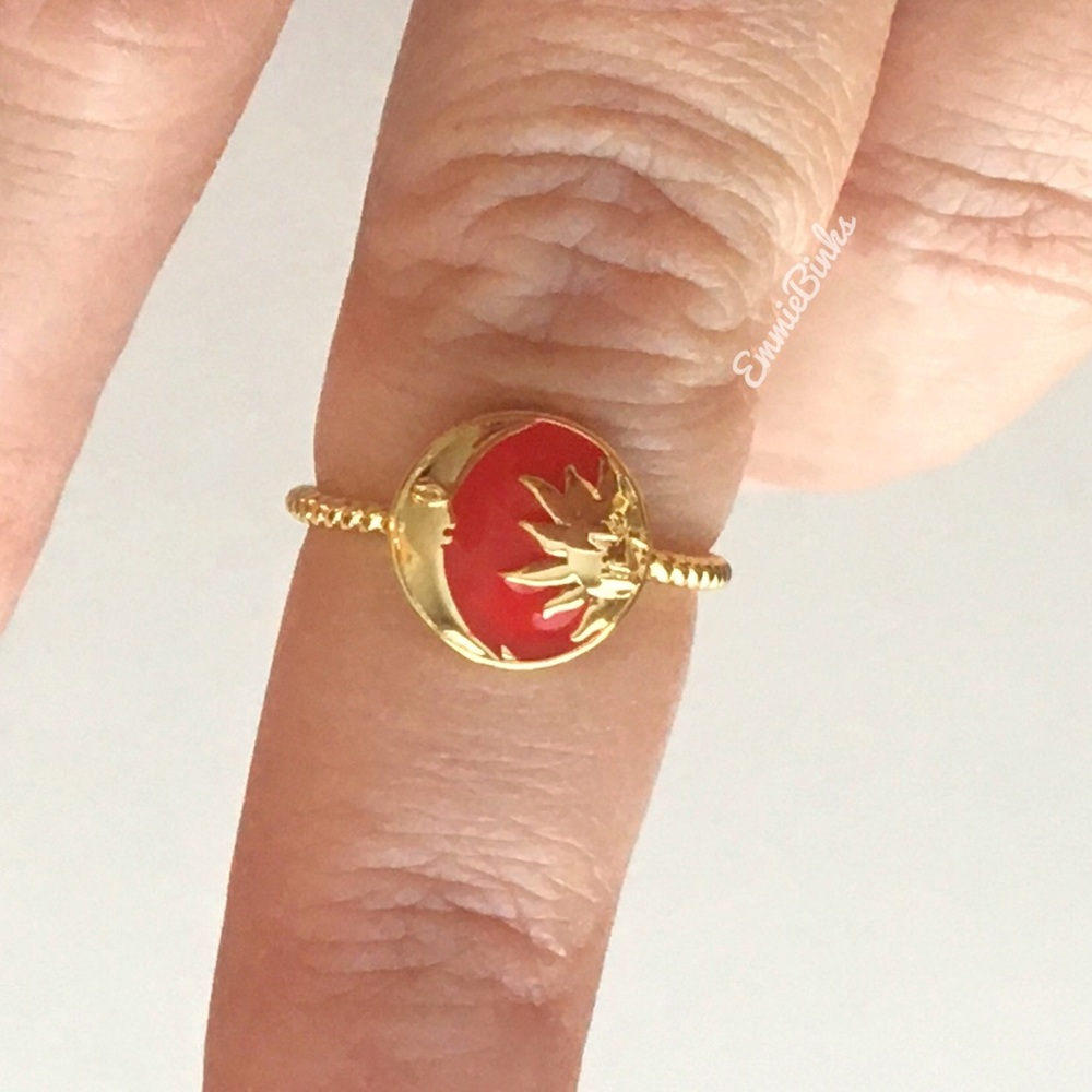New Gold Dipped Red Enamel Sun & Moon Textured Cuff Ring / Red & Gold Boho Vibes - Picture 7 of 15